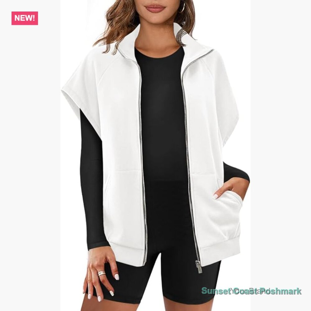 Zip Up Sleeveless Sweatshirt with Pockets Oversized Casual Vest